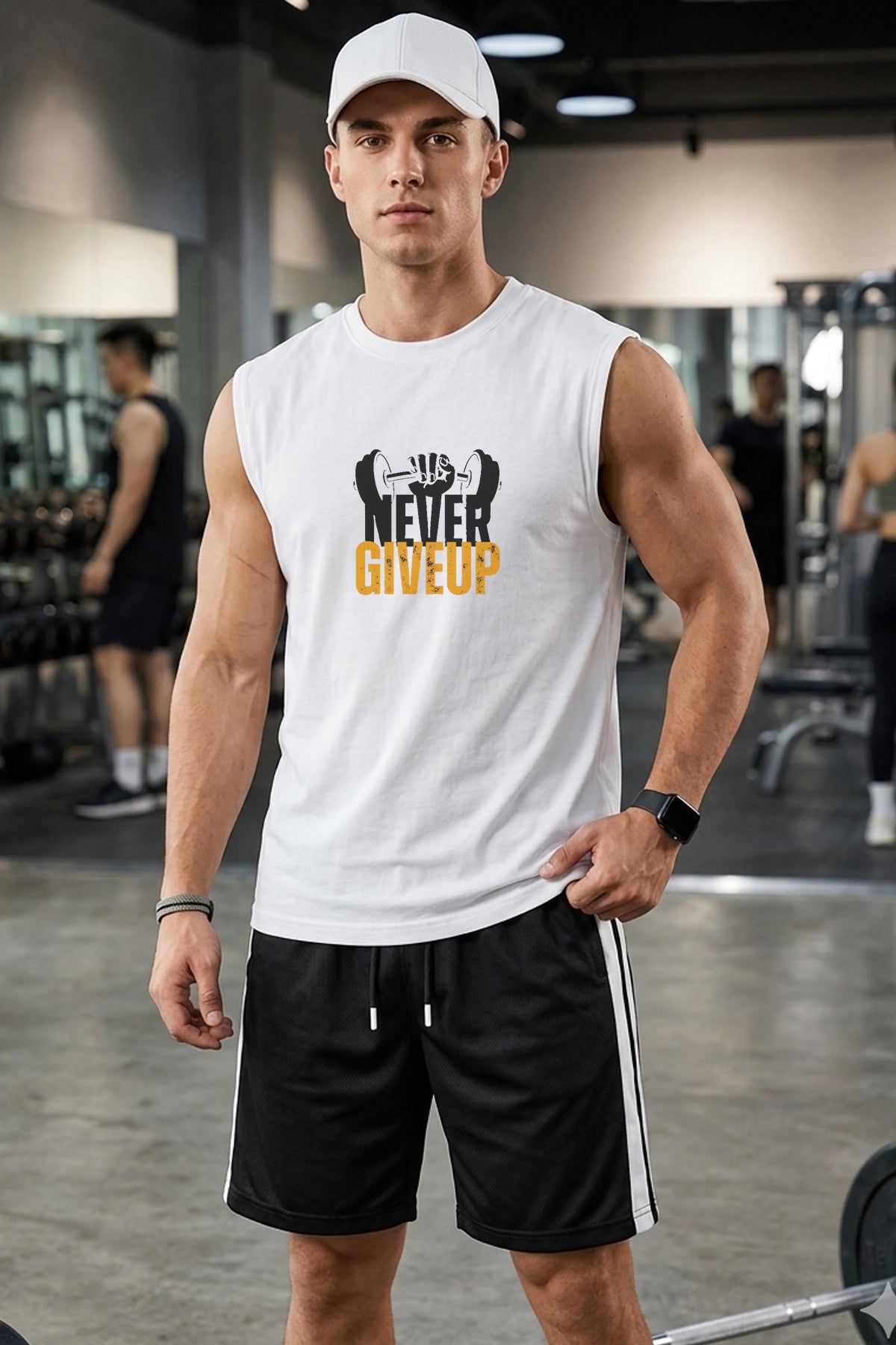 NEVER GIVEUP Baskılı Kolsuz Atlet Tshirt Erkek Sıfır Kol Giyim Spor Giyim Oversize
